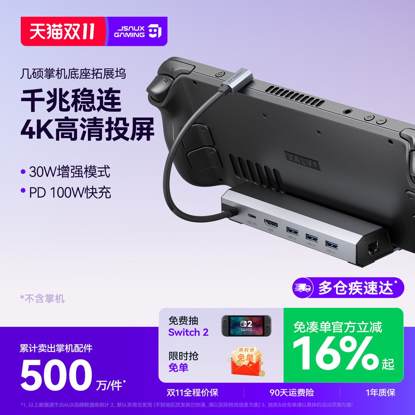 JSAUX几硕适用steamdeck拓展坞rog掌机扩展坞rogally配件Typec基座hub底oled官方掌上游戏机拓展坞电脑显示器