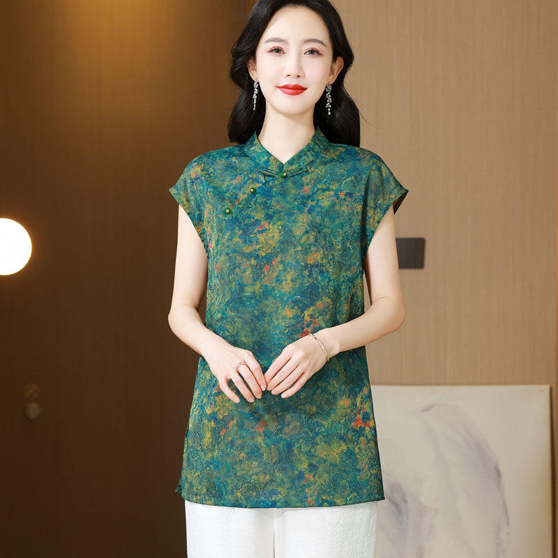 高贵妈妈旗袍短袖洋气上衣2026新款中老年女夏装桑蚕丝中长款衬衫