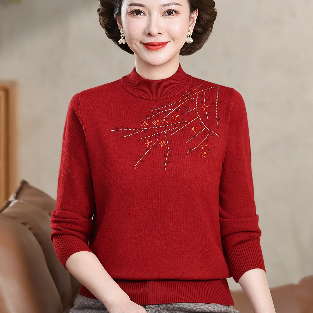 妈妈秋装上衣洋气针织衫中老年女打底衫中年毛衣喜婆婆结婚宴礼服