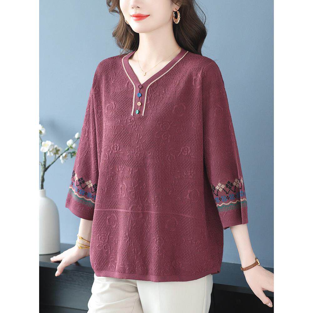 中年妈妈装春秋新款冰丝七分袖T恤女宽松大码洋气刺绣上衣针织衫 - 四季青苏杭店出品