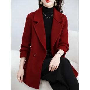 红色双面呢羊绒大衣女小个子冬新款本命年中老年妈妈西装毛呢外套