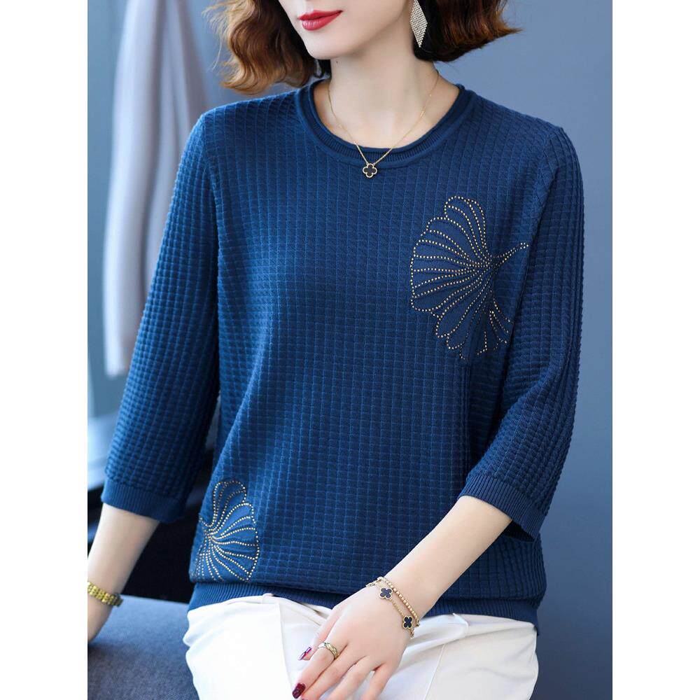 加肥加大码女装老年上衣中年妈妈冰丝T恤高贵洋气宽松遮肚针织衫