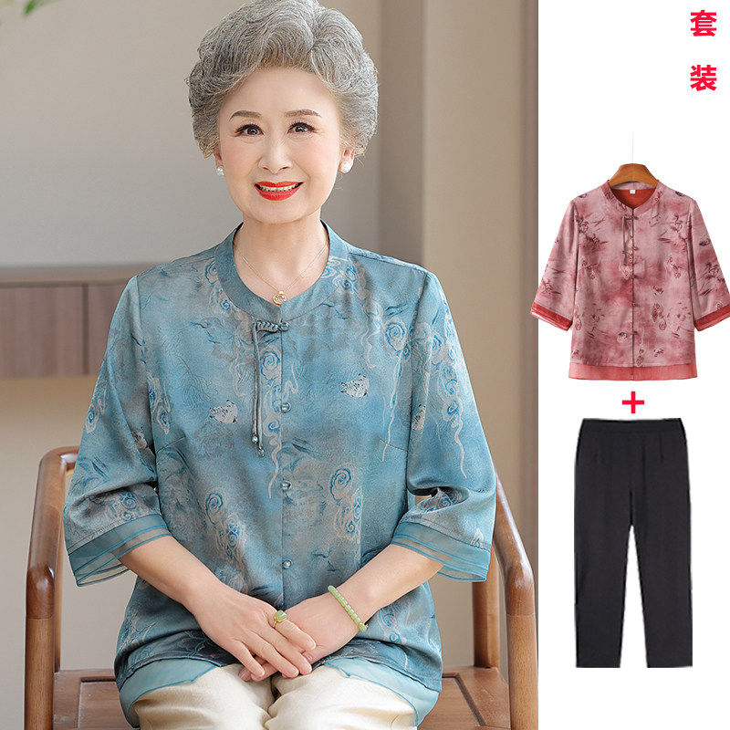 中年妈妈春夏装七分袖衬衫老年人女夏季中袖上衣奶奶真丝唐装衬衣