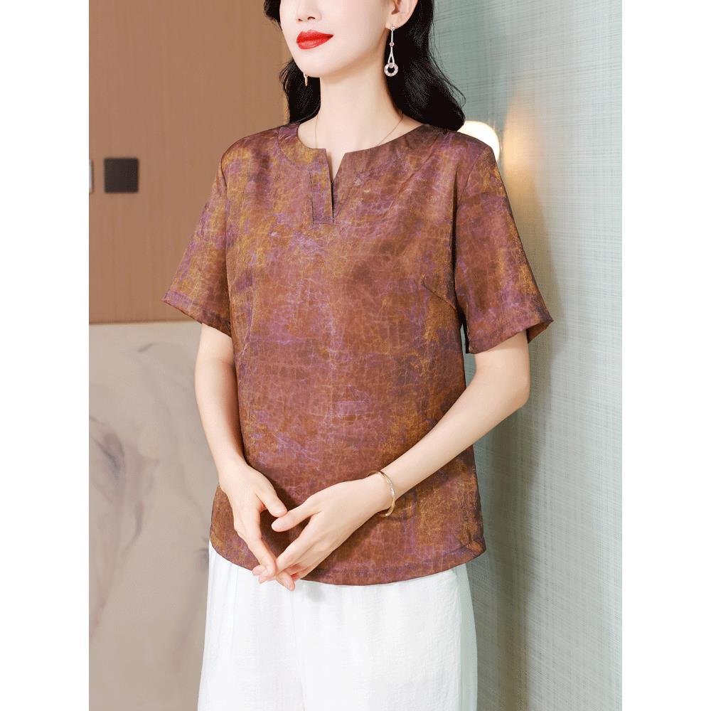 中年妈妈新款真丝香云纱短袖T恤女夏季复古印花桑蚕丝大码薄上衣