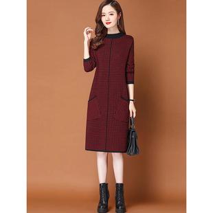 秋冬新款中长款羊毛衫女打底格子连衣裙大码过膝羊绒毛衣裙