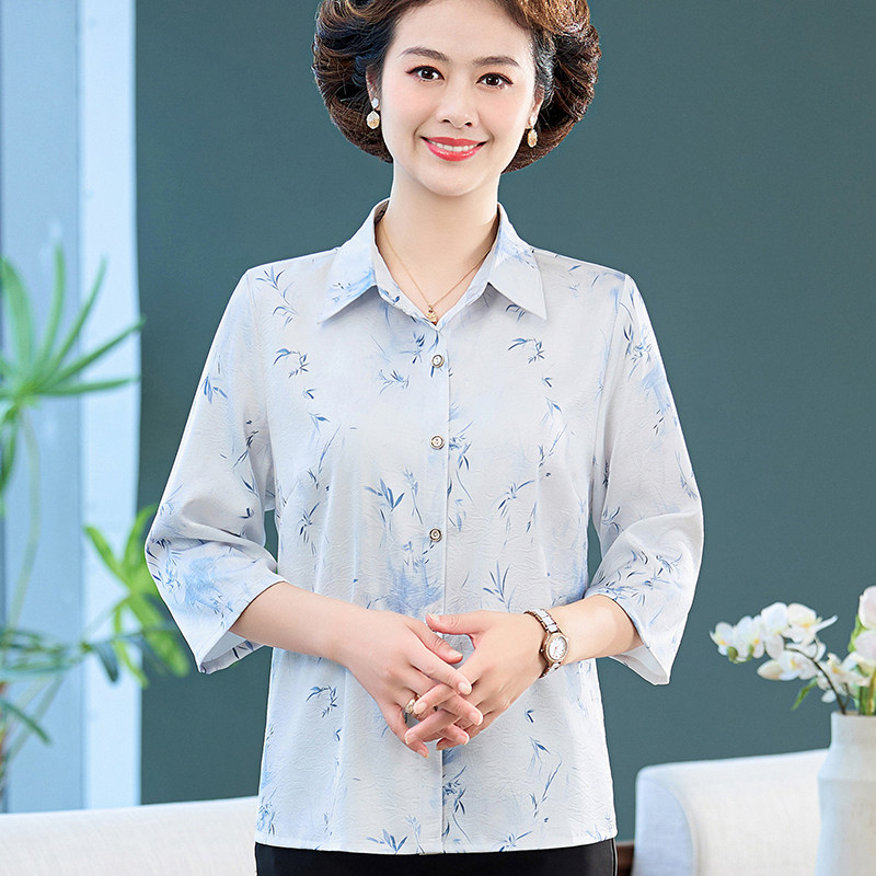 妈妈夏装真丝衬衫翻领中老年女装夏季桑蚕丝衬衣薄七分袖上衣开衫