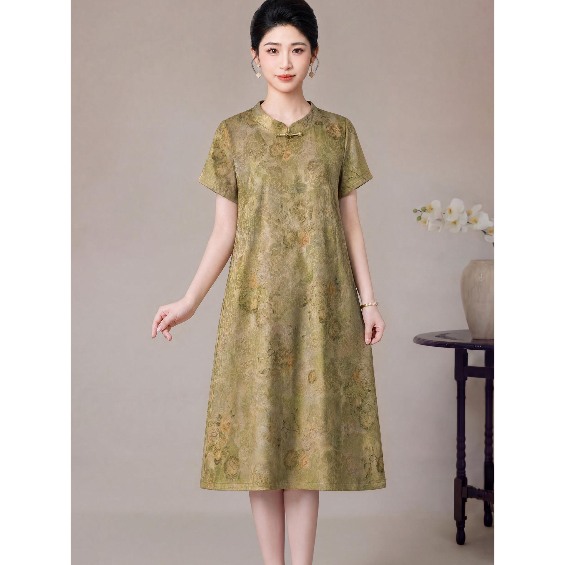 中老年新中式真丝连衣裙女短袖夏季妈妈装宽松大码桑蚕丝气质裙子