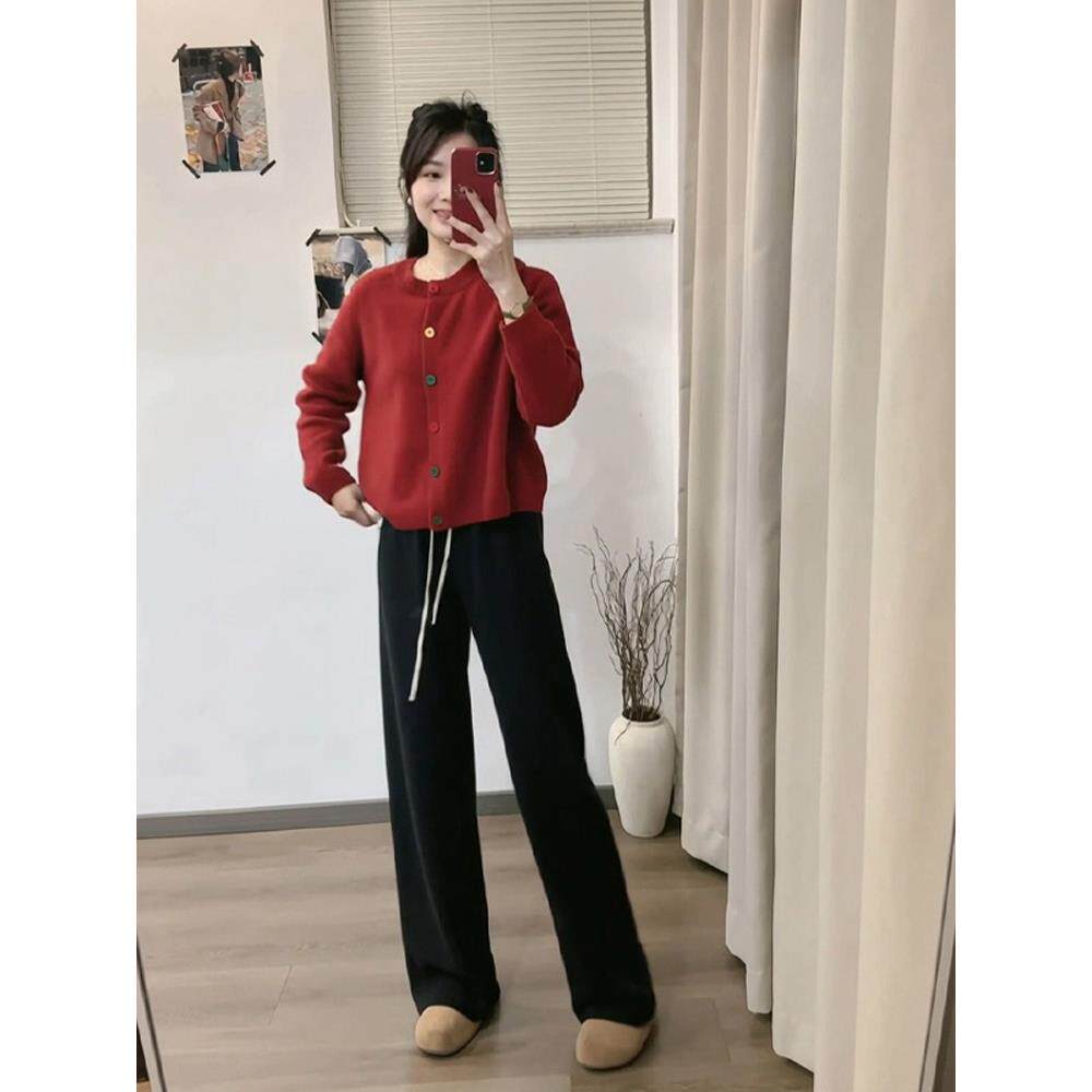 MONLOUVE2025新款超火红色针织开衫阔腿裤套装女秋本命年减龄高级