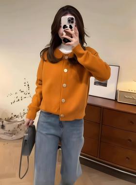 MONLOUVE秋装橙色开衫毛衣高级感牛仔裤套装女装显瘦遮肚藏肉小个