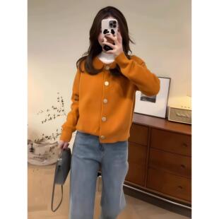 MONLOUVE秋装橙色开衫毛衣高级感牛仔裤套装女装显瘦遮肚藏肉小个