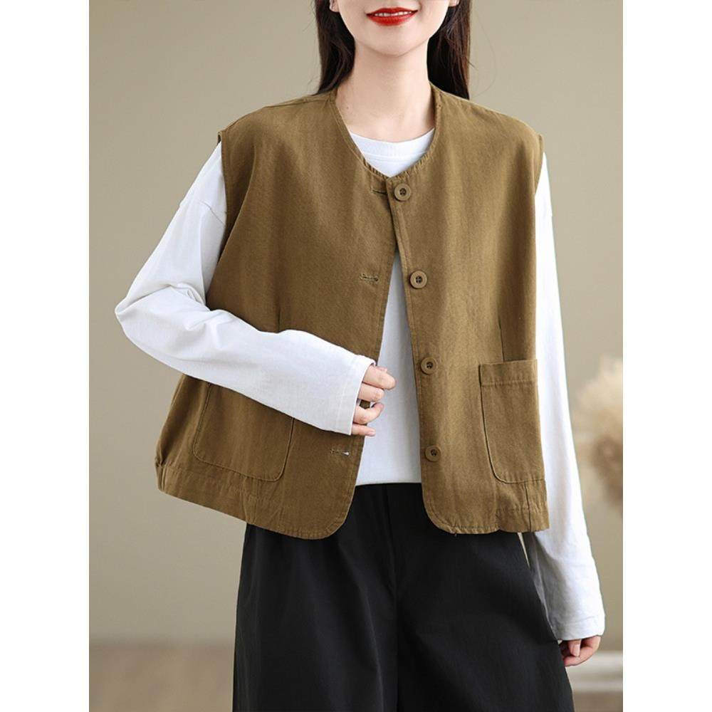 MONLOUVE休闲圆领马甲背心女秋季叠穿小个子无袖坎肩百搭口袋上衣