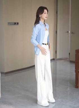 MONLOUVE秋季极简风蓝色衬衫阔腿裤套装女装超火高级感干练气质通