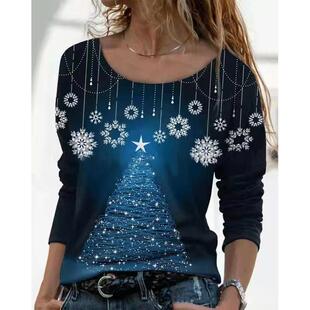 theme loose pullover neck Fashion Christmas round floral