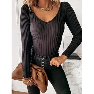 Tops Ladies Womens Color Long Solid Neck Fit Sleeve Slim