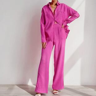 wrinkled wide shirt for pants Loose leg sleeved long casual