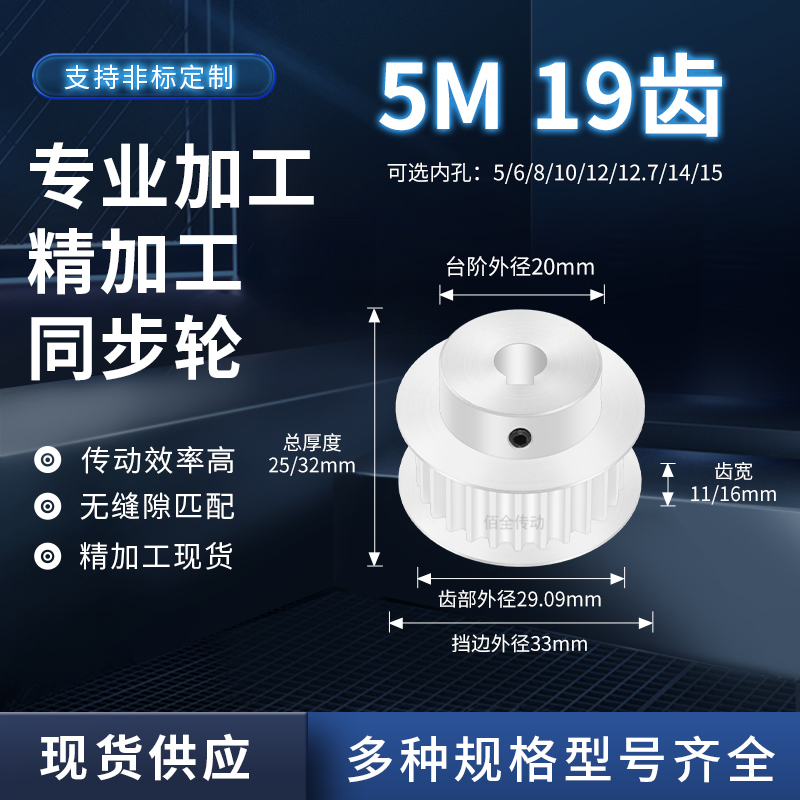 同步轮5M19齿BF齿宽11/16内孔5 6 8 10 12传动轴皮带套装同步带轮