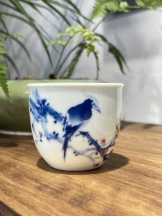 景德镇手绘茶器非遗老师陈齐园作品青花分水花鸟缸杯