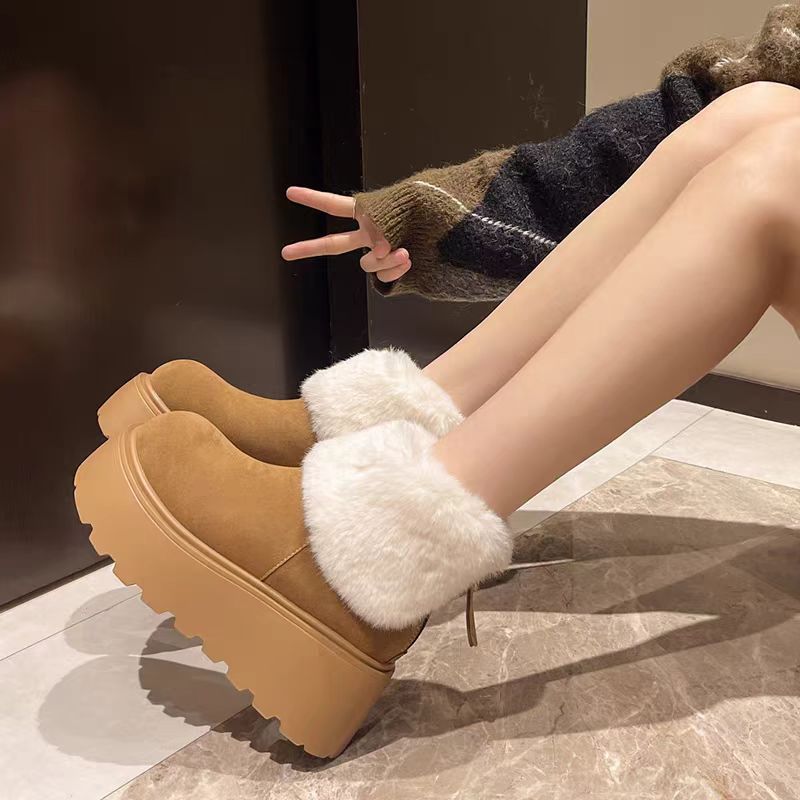 松糕厚底雪地靴女2025年新款防水短筒内增高棉鞋冬保暖加绒面包鞋