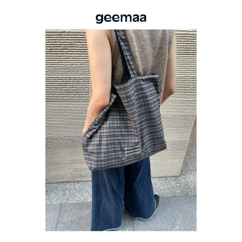 geemaa格纹双面托特包 大容量帆布包通勤包格子两用