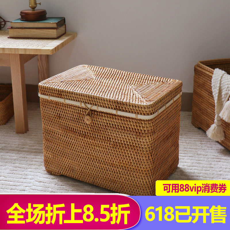 手工藤编中古收纳箱家用翻盖北欧复古收纳筐子大号田园草编收纳篮