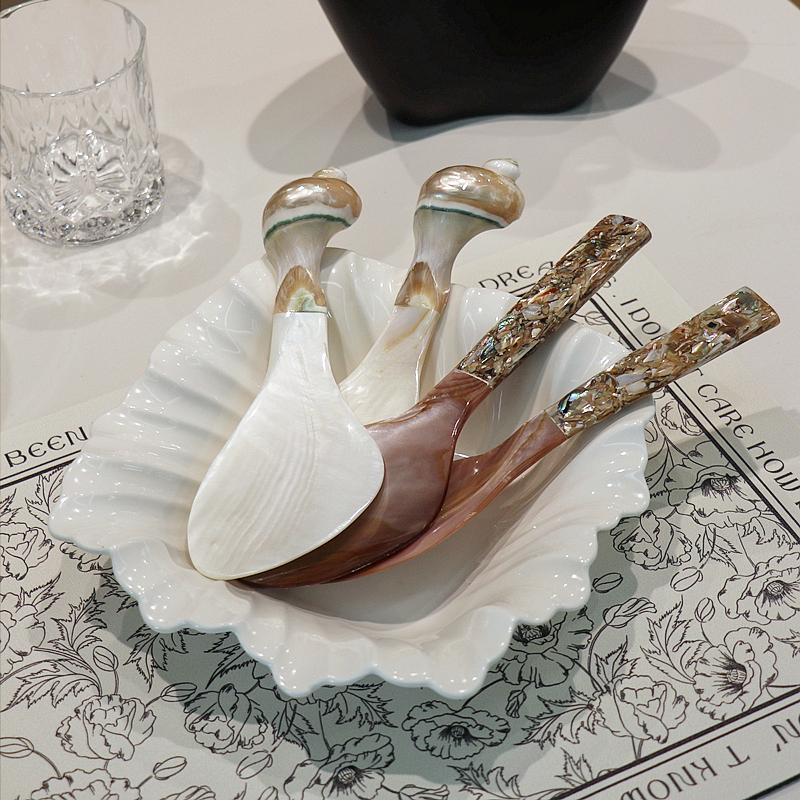 东南亚手工紫贝壳饭勺家用餐厅海螺勺子天然彩贝勺创意摆件餐具