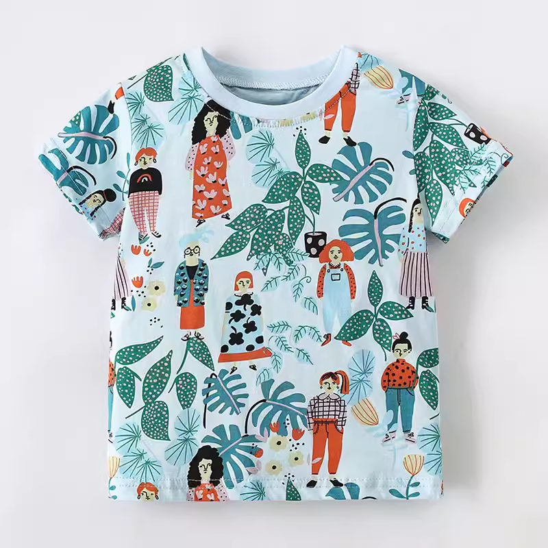 2024新款夏装女童纯棉半袖T恤上衣儿童短袖打底衫宝宝绿色印花衫6