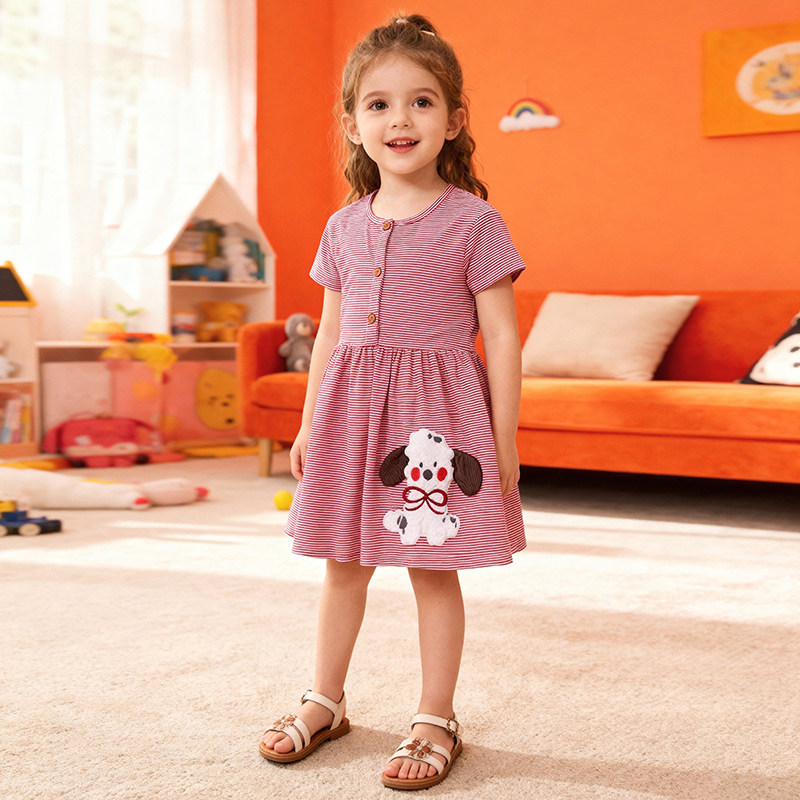 卡通条纹小狗女童连衣裙夏季儿童纯棉短袖刺绣T恤裙子夏装中小童6,童装/婴儿装/亲子装,连衣裙,淘宝优惠券,粉丝福利购,淘宝优惠卷