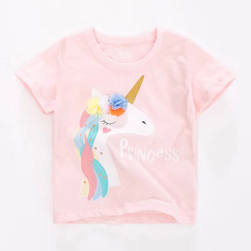 女童短袖卡通粉色独角兽圆领上衣