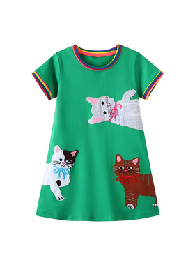 卡通绿色小猫儿童裙子夏季外贸童装女童短袖连衣裙纯棉针织a字裙