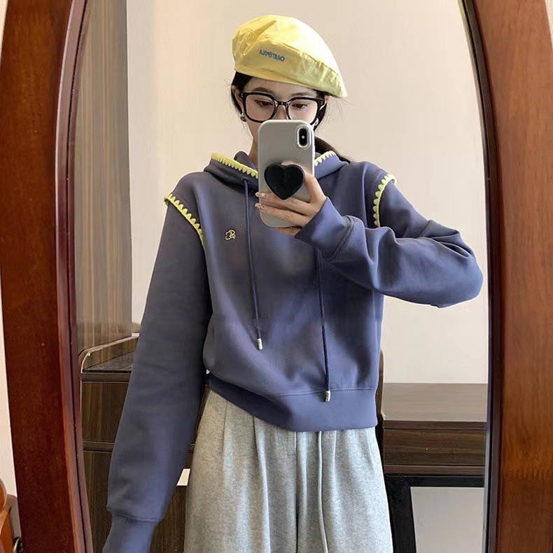 Ader/error 25秋冬新款撞色小标刺绣短款连帽卫衣小个子女