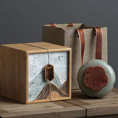 远山绿茶龙井茶叶密封陶瓷罐空礼盒大红袍白茶红茶通用竹制礼盒