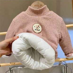 女童冬季 夹棉打底三层儿童高领加厚洋气保暖上衣 婴儿保暖棉衣韩版