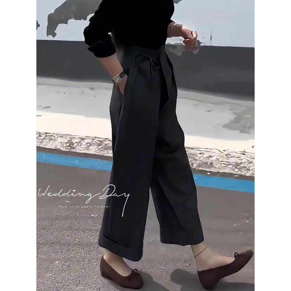 MONLOUVE广州十三行高货灰色系带九分西装裤女流行高腰气质百搭阔