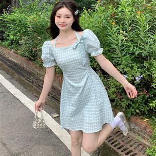 海島日記法式 KATTERLLG實(shí)拍 掛脖吊帶格子連衣裙