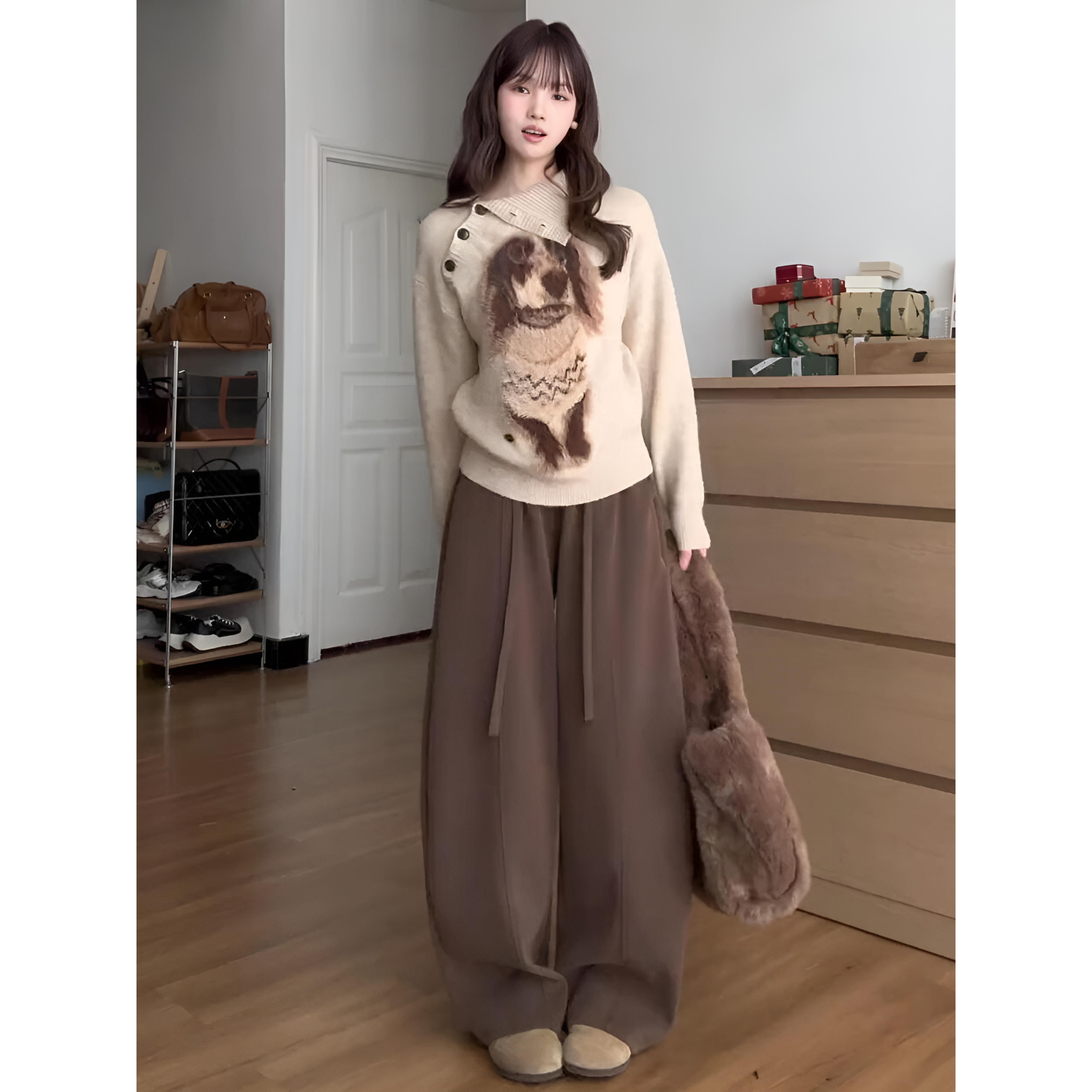 MONLOUVE秋日ootd穿搭一整套2025超火慵懒风小狗针织毛衣阔腿裤两