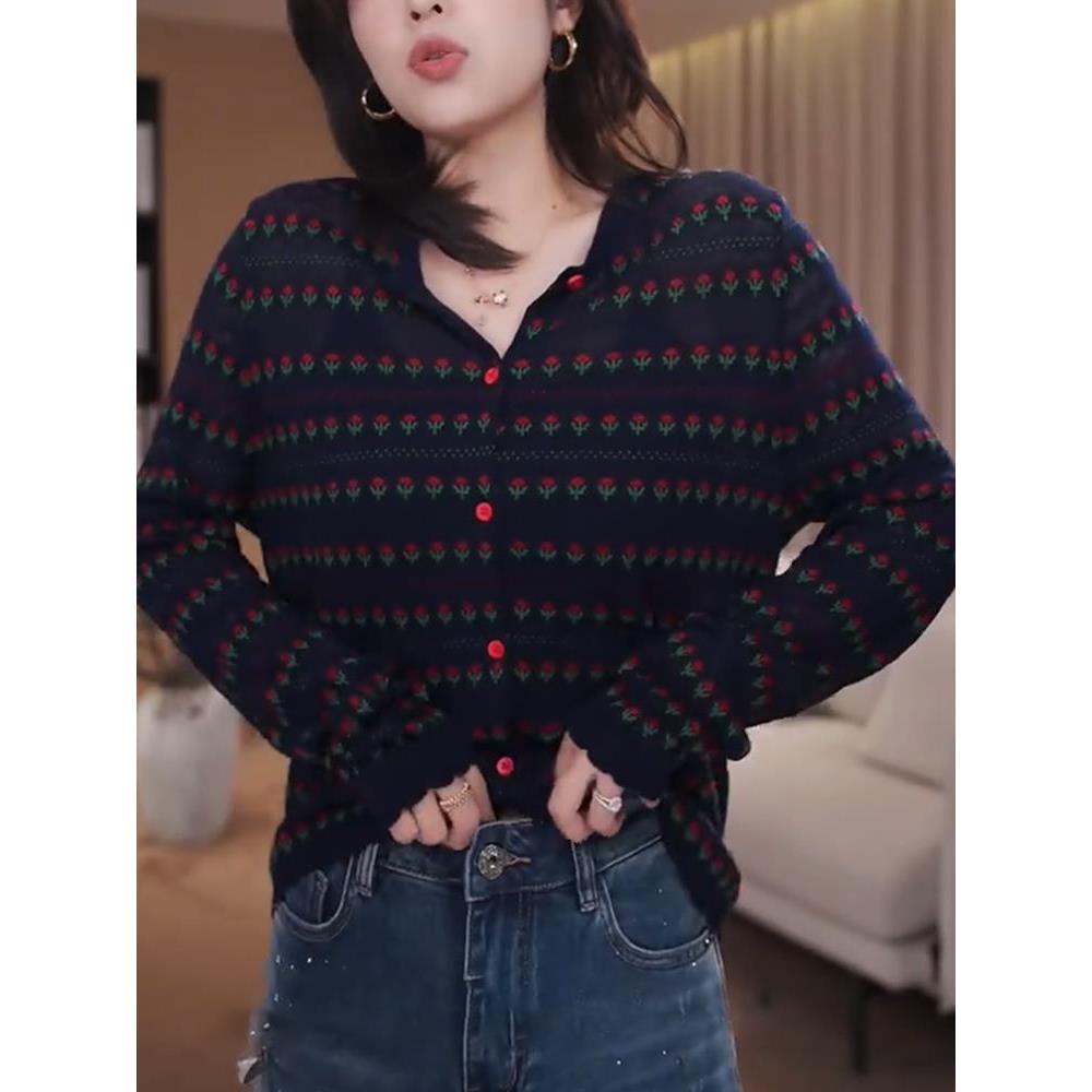 MONLOUVE广州十三行条纹针织开衫外套女慵懒风高级感花朵毛衣上衣