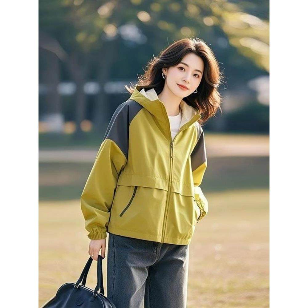 MONLOUVE品牌撞色拼接高级感超好看漂亮冲锋衣女黄色连帽外套