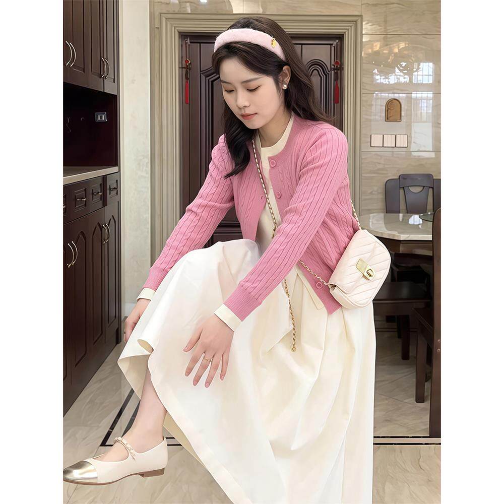 MONLOUVE粉色假两件立体花朵针织开衫女2025早秋季韩系氛围感独特