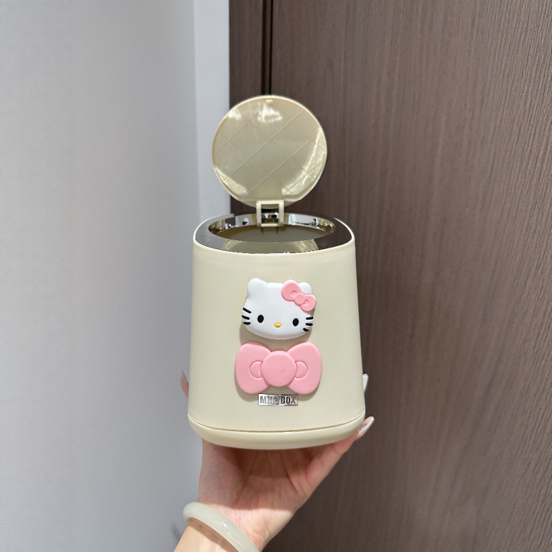哈喽kitty桌面垃圾桶家用带盖高颜值ins风可爱迷你小号台面收纳筒