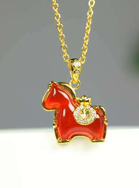 久不掉色古法沙金天然南红玛瑙吊坠玉坠本命年马到成功项链配证书