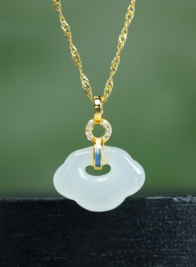 纯银古法沙金天然和田玉白玉万事如意吊坠玉坠项链配证书