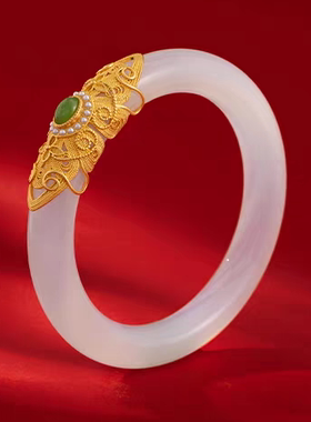天然天山翠白月光玉镯久不掉色古法沙金镶玉手镯女款福镯美镯