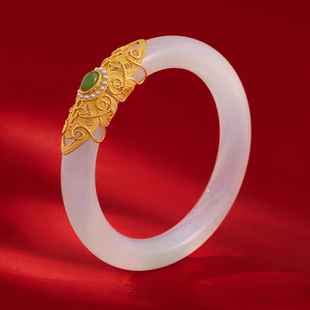 天然天山翠白月光玉镯久不掉色古法沙金镶玉手镯女款福镯美镯