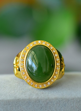 沙金天然和田玉碧玉财源滚滚玉戒