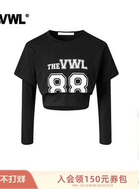 VWL假两件T恤复古高腰长袖修身短款上衣女Sporty chic风