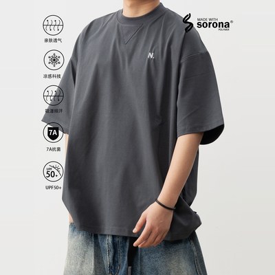 NESSTTU 新品日系休闲百搭宽松索罗娜凉感防晒基础刺绣短袖T恤