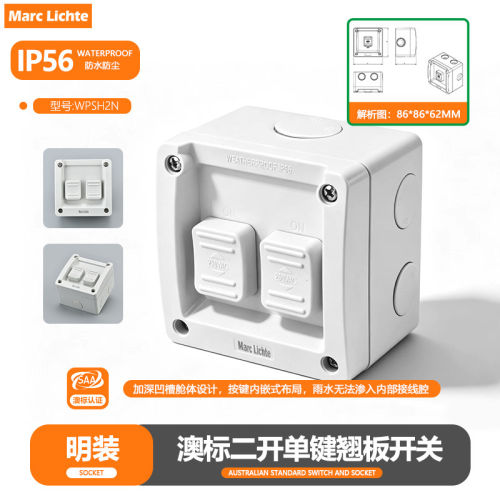 面板SAA澳规认证明装澳式防雨二开单控IP56级防水澳标双位开关