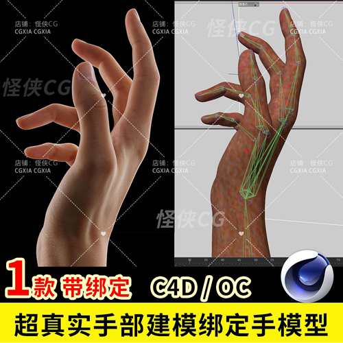 C4D工程手部建模绑定手渲染C4D场景工程超真实手皮肤3d模型素材女