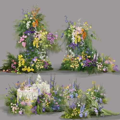 分层彩色花艺彩色缤纷效果图源文件手绘主题花园风花艺素材布幔桌