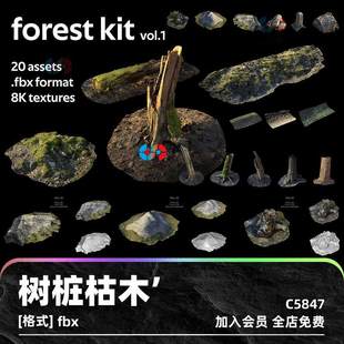 写实森林树木套装 树桩树皮树根石头maya草地C4D苔藓fbx建模3D模型
